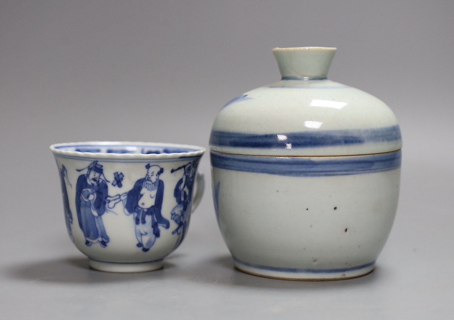 A 19th century blue and white jar with cover and a similar cup, Jar and cover 13 cms high